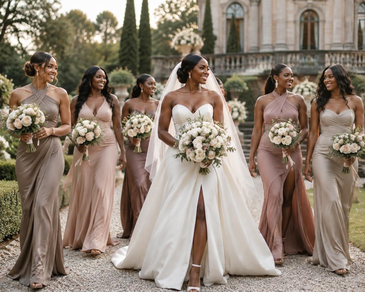 Bride walking with her bridal party at an elegant wedding venue