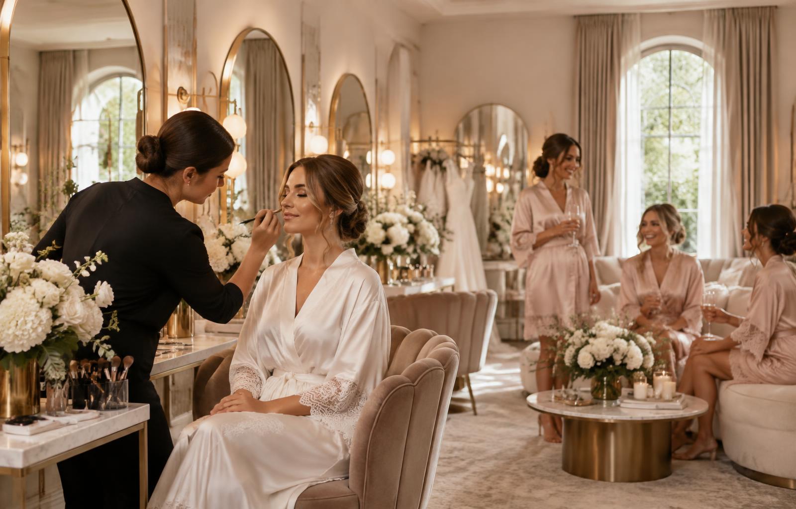 Bridal party getting ready together in the luxury BSP Bridal Prep Studio
