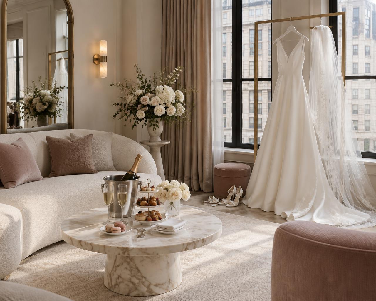 Luxury bridal lounge with champagne, brunch, and a wedding gown hanging by the window